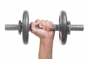 Close up hand men workout dumbbell on white background. photo