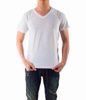 Young man with blank white shirt isolated white background, on front photo