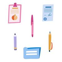 Set of cute and funny business documents, pens and pencils in cartoon style. Paper in clipboard, folder, pencil for writing things down. Vector hand drawn illustrations isolated on background.