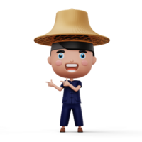 Happy asian farmer wearing mauhom shirt and bamboo hat pointing finger, 3d rendering png