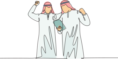 einer Single Linie Zeichnung von jung glücklich Muslim Der Umsatz Manager feiern Erfolg während Uhr Gerät. Saudi arabisch mit Kandora, Kopftuch, Thobe, Ghutra. kontinuierlich Linie zeichnen Design Illustration png