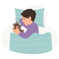 The boy sleeping in bed. A kid lying on a pillow and covered with a blanket.Vector illustration vector