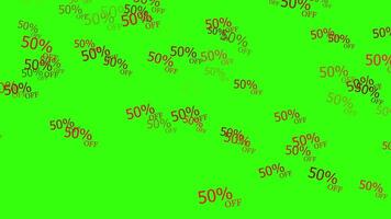 rabatt märka text animering på grön skärm bakgrund. försäljning 50 procent av text animation. 50 procent av text faller över grön skärm.rea erbjudande märka annons marknadsföring strategi video
