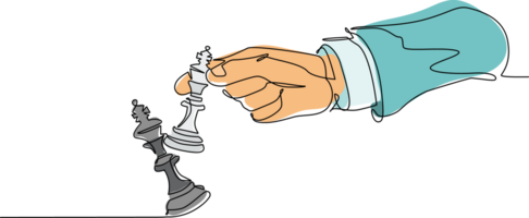 Continuous one line drawing man hand holding chess king. Male use king chess piece to crash opposite team king figure. Checkmate. Win in chess game. Single line draw design graphic illustration png