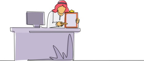 Continuous one line drawing smiling banking clerk showing bank credit, loan contract or mortgage agreement sitting at desk with computer. Arabian businessman lender. Single line draw design png