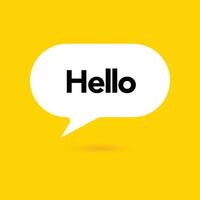 Hi, hello icon. Speech bubble, poster and sticker concept with tex, funny sign. White bubble message on bright yellow background. Vector illustration isolated design. EPS 10.