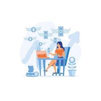 Passive income, woman relaxing in front of computer while money raining down. flat vector modern illustration