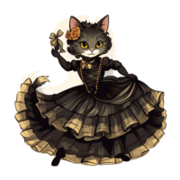 Victorian cat wearing early 1900's costume of a victorian lady, the dress in black  AI generated png