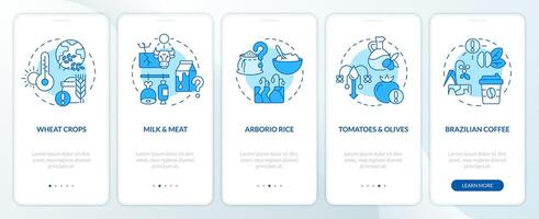 Blue icons representing heatflation impact mobile app screen set. 5 steps graphic instructions, UI, UX, GUI template. vector