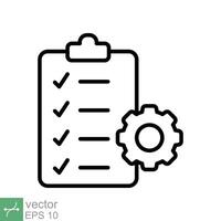 Clipboard with gear icon. Simple outline style. Project plan, document, compliant, task check list, cog, management concept. Thin line vector illustration isolated on white background. EPS 10.