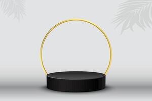 Black and white podium display product and sparkle golden curve line element, palm leaf shadow overlay background. stand cosmetic products. 3d vector illustration. -16.9 aspect ratio