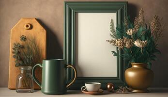 Vertical wooden passe-partout picture frame mockup on a wooden table with a vase, a cup and other ceramic decors. Blank picture frame mockup. , generative ai. photo