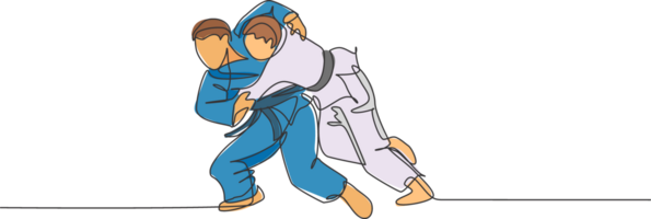 singolo continuo linea disegno di Due giovane allegro judoka combattente uomini pratica judo abilità a dojo Palestra centro. combattente jujitsu, aikido sport concetto. di moda uno linea disegnare design illustrazione png
