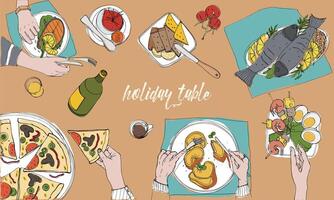 Festive tableful, laid table, holidays hand drawn colorful illustration, top view. Background with place for text. vector