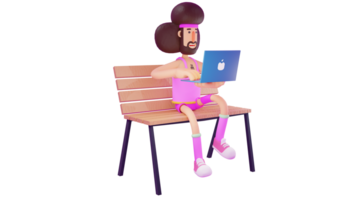 3D illustration. Student 3D cartoon character. Student majoring in sports is working on his assignment on a laptop. Student do assignments while sitting on wooden chairs. 3D cartoon character png