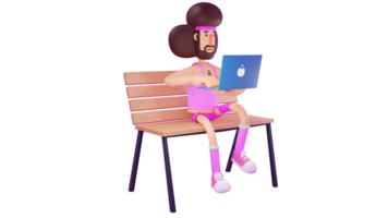 3d Illustration. Schüler 3d Karikatur Charakter. Schüler Hauptfach im Sport ist Arbeiten auf seine Zuordnung auf ein Laptop. Schüler tun Zuordnungen während Sitzung auf hölzern Stühle. 3d Karikatur Charakter png