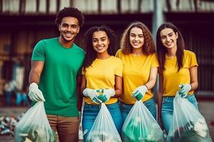 AI Generative Group of happiness asian teenage valunteer feeling funny smiling and cheerful after picking up trash or garbage to plastic bag at nature park field Care environment together concep photo