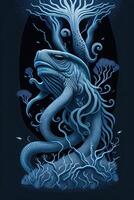 Graphic illustration of a mythical fish creature with roots on dark background photo