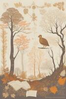 Autumn landscape with trees, birds and book. Vector illustration. photo