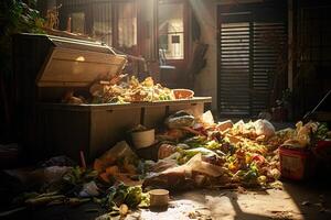 Fruits and Vegetables on the street at night in Thailand. capturing the scene of a food-wasting dumpster, where trash and debris clings to the walls and floors, AI Generated photo