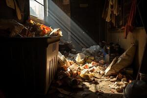 basura en un basura vertedero. concepto de ambiental contaminación y ecología. desperdicio de comida contenedor de basura, dónde basura y escombros se aferra a el paredes y pisos, ai generado foto