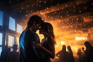Young couple in love dancing in the night club with lights and smoke, crowded, abandoned nightclub filled with an array of patrons, including a couple having a passionate embrace, AI Generated photo