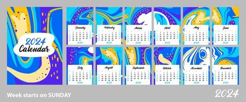 Abstract calendar of 2024. Bright pink spots and waves. The week starts on Sunday. Layout for printing A4,A5 vector