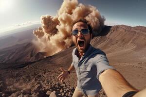 AI Generative A caucasian young traveller takes a selfie photo hiking a volcano on a canary island  Holding with two hands