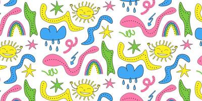 Cute cartoon seamless pattern sun stars rainbow cloud rain elements in playful cartoon style.Vector EPS10 vector