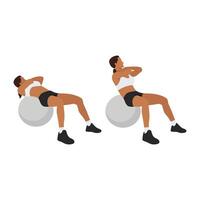 Woman doing stability,swiss,exercise ball crunches exercise Flat vector isolated on white background