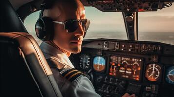 AI Generative Adult captain of jet airliner wearing black leather jacket and headset sitting in front of onboard instruments flying over mountains photo