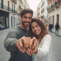 ai generativo adulto Pareja en amor teniendo divertido en ciudad calle marido y esposa disfrutando fin de semana fuera de ocupaciones en vacaciones contento estilo de vida y Días festivos concepto foto