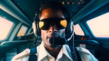 AI Generative Adult captain of jet airliner wearing black leather jacket and headset sitting in front of onboard instruments flying over mountains photo