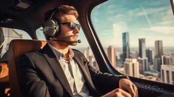 AI Generative Adult captain of jet airliner wearing black leather jacket and headset sitting in front of onboard instruments flying over mountains photo