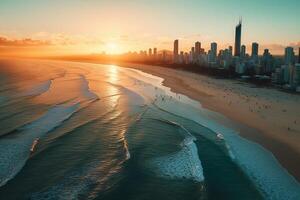 ai generativo aéreo ver de surfistas paraíso en el oro costa Australia foto