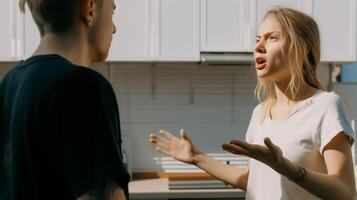 AI Generative Angry girl shouting at her boyfriend at home Couple fighting in the bathroom photo