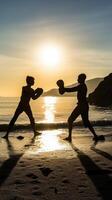 AI Generative Artial marts fight between master and his pupil at the beach during the sunrise  silhouette  concept about people lifestyle and sport photo