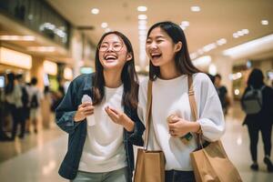 AI Generative Asian girl showing something in the shopping bag to her friend  caucasian and asian people photo