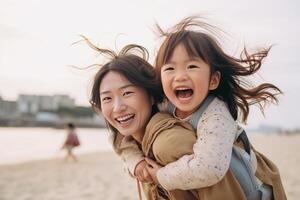 AI Generative Asian mother and daughter having fun outside  Portrait of happy woman giving a piggyback ride to cute little girl at park  Indonesian kid with with mom playing outdoor  Love and pa photo