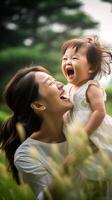 AI Generative Asian mother and daughter having fun outside  Portrait of happy woman giving a piggyback ride to cute little girl at park  Indonesian kid with with mom playing outdoor  Love and pa photo