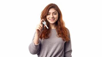 AI Generative Attractive caucasian girl holding her keys car photo