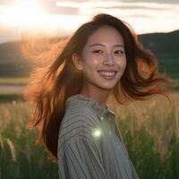 AI Generative Attractive caucasian girl smiling in the countryside photo