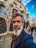 AI Generative BARCELONA SPAIN  14 FEBRUARY 2022 Happy tourist visiting La Sagrada Familia Barcelona Spain  Smiling man taking a selfie outside on city street  Tourism and vacations concept photo