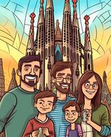 ai generativo Barcelona España 28 septiembre 2022 contento turista visitando la sagrada familia Barcelona España sonriente hombre tomando un selfie fuera de en ciudad calle turismo y vacaciones concepto foto