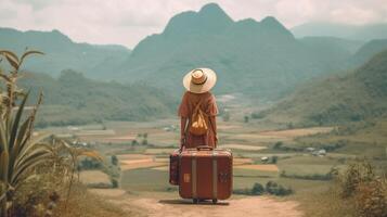 AI Generative Back view of a young woman in straw hat relaxing looking the landscape Travelling tour in Asia photo