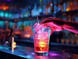 AI Generative Barman making cocktail at night club  Bartender pouring alcohol from shaker into martini glass  Beverage life style concept photo