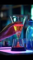 AI Generative Barman making cocktail at night club  Bartender pouring alcohol from shaker into martini glass  Beverage life style concept photo