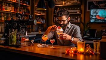 AI Generative Bartender pouring alchool from the bottle in a shot glasses photo