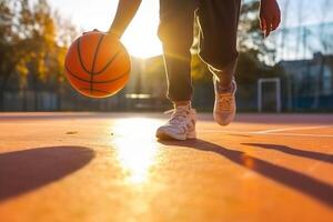 ai generativo baloncesto calle jugador regate con pelota en el Corte streetball formación y actividad concepto foto