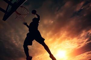 ai generativo baloncesto calle jugador haciendo un posterior golpe remojar a puesta de sol deportivo negro hombre jugando baloncesto al aire libre foto